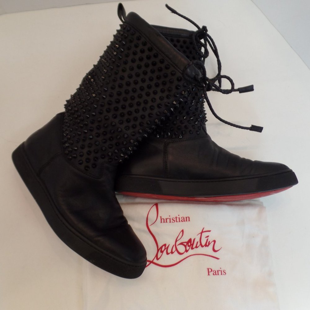 Christian Louboutin Sur La Pony Spike Napa Mid Calf Boots Black Leather Size 9 - Picture 11 of 16